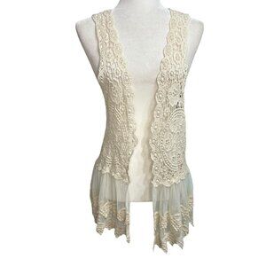 Origami Sleeveless Lace Open Front Vest Sheer Tulle Ruffle Hem -‎ Size Small